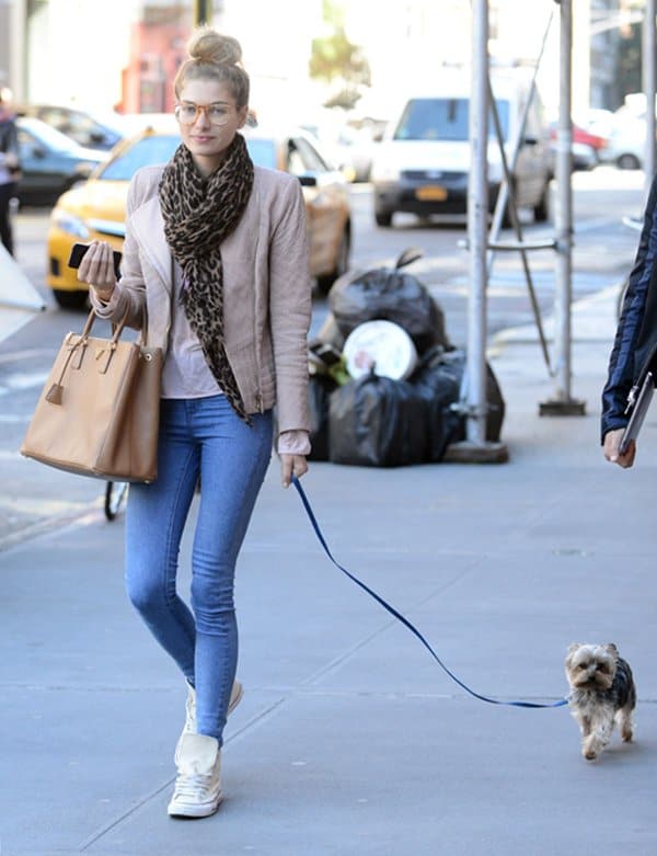 Jessica Hart walking her dog in New York City on September 17, 2013