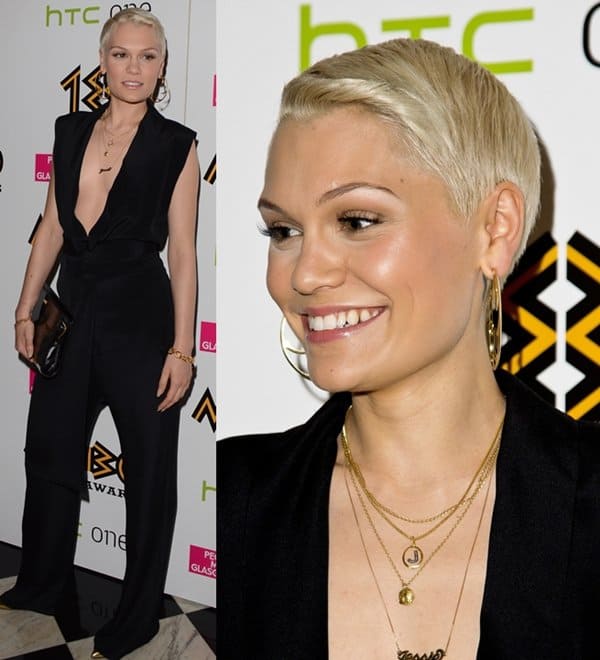 Jessie J arrives in a plunging black jumpsuit at the nominations launch for the MOBO Awards