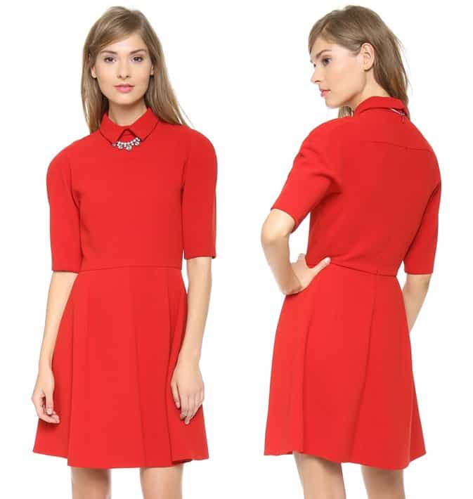 A fold-over collar adds a smart touch to this charming red dress, designed with minimal seaming and an A-line skirt