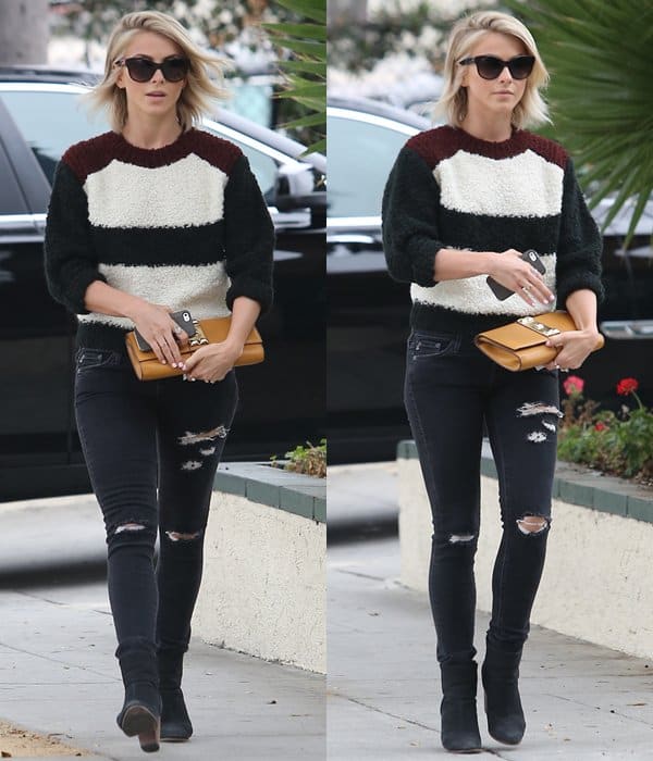 Julianne Hough was spotted in Beverly Hills on September 20, 2013, wearing Rag & Bone Classic Newbury booties, AG Adriano Goldschmied legging jeans, an Isabel Marant sweater, and carrying a Hermes Medor clutch