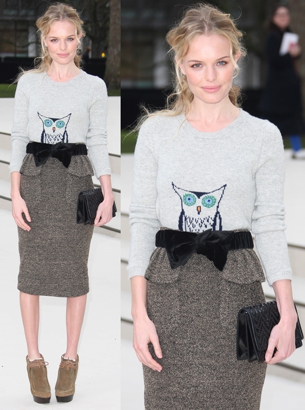 Kate Bosworth wore an owl print sweater while attending the Burberry Autumn Winter 2012 Womenswear Front Row