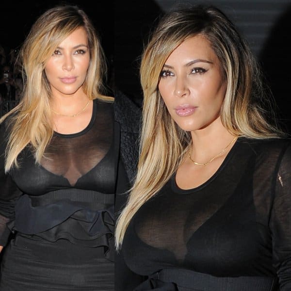 Kim Kardashian with her new blonde hair and almond-shaped eyes