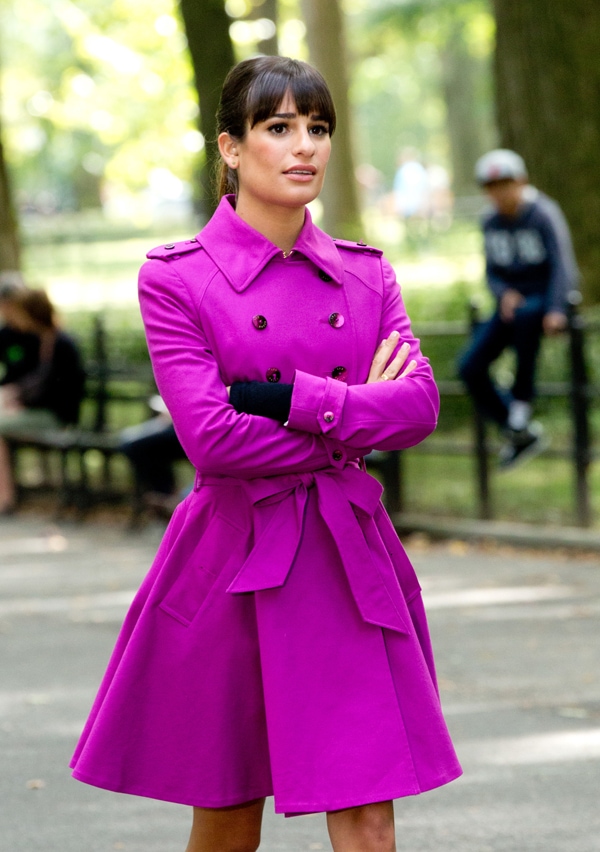 Lea Michele shines on the streets of New York, filming Glee in a vibrant fuchsia coat dress on September 9, 2013