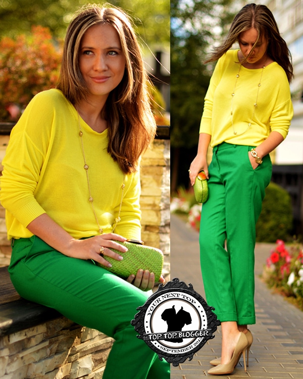 Liria styled a yellow shirt with green pants