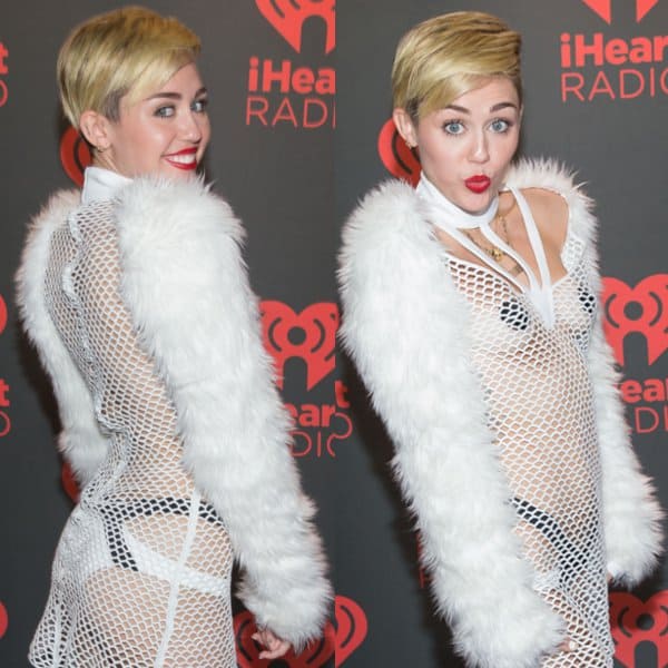 Miley Cyrus stuns in a revealing fishnet dress at the iHeart Radio event in Las Vegas