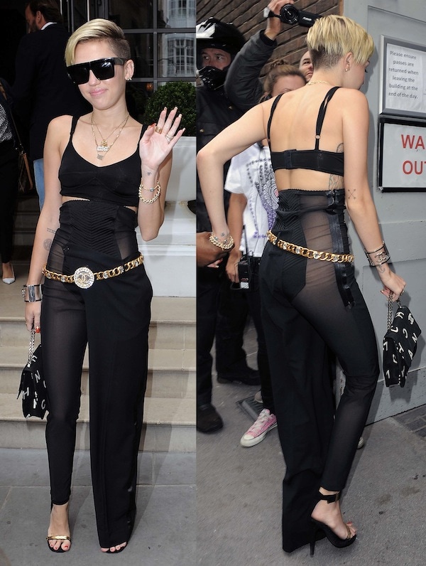 Miley Cyrus' sheer leggings (just on her right leg) sans underwear and a crop top