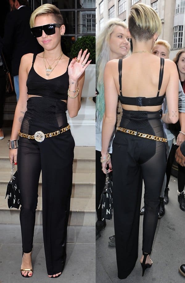 Miley Cyrus wears see-through Jean Paul Gaultier tulle and stretch wool trousers