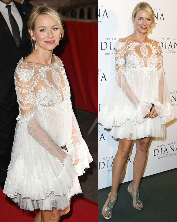 Naomi Watts wearing a dress with a sheer lace design with chiffon layers at the skirt and sleeves