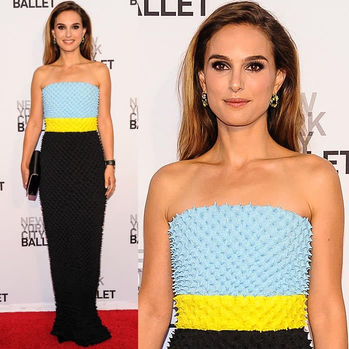 Natalie Portman at the 2013 New York City Ballet Fall Gala in a stunning blue, yellow, and black strapless gown by Christian Dior