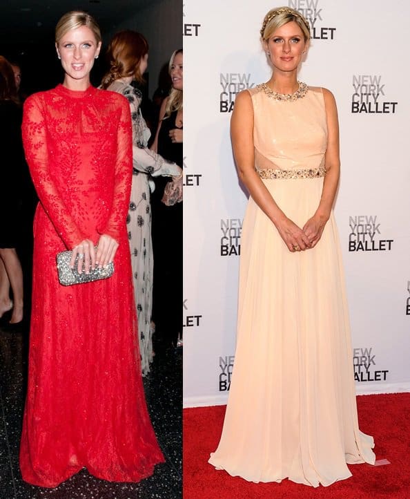 Nicky Hilton showcases her impeccable style in a red Valentino beaded dress and a nude Kathy Hilton Design gown at two glamorous NYC galas