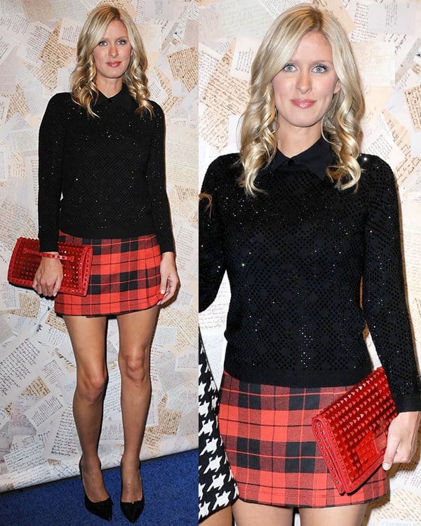 Nicky Hilton attended the Alice + Olivia show by Stacey Bendet on September 9, 2013, wearing an Alice + Olivia Weston plaid skirt, Alice + Olivia Dahlia pumps, and carrying a Valentino Red Rockstud rouge patent clutch