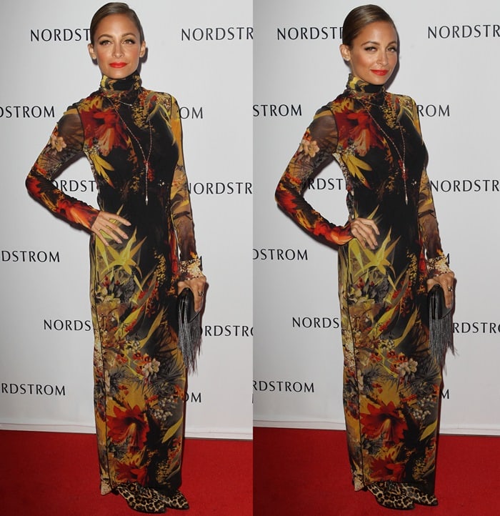 Nicole Richie in a Jean Paul Gaultier printed dress paired with leopard-print oxfords for the opening of Nordstrom at Americana at Brand mall in Glendale on September 17, 2013