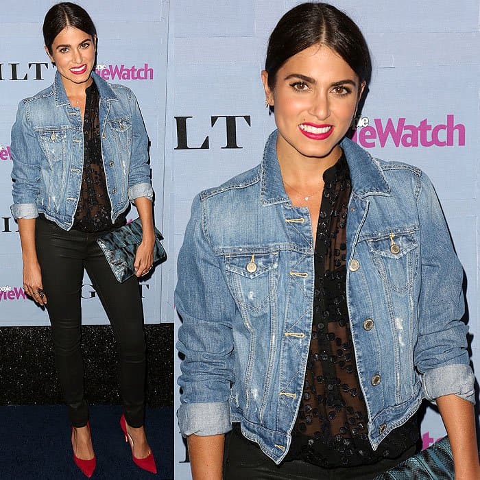 Nikki Reed's fuchsia lipstick and matching pumps pop against her distressed denim jacket at the People StyleWatch Denim Party, September 19, 2013, at Palihouse in West Hollywood, California