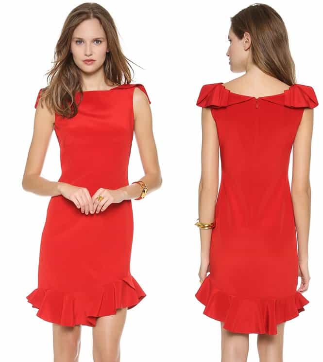 A vivid flame-red dress in luxe, double silk crepe featuring ruffled panel trims the graceful wide neckline