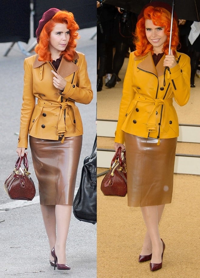 Paloma Faith stood out in her golden trench coat paired with a tan rubber skirt