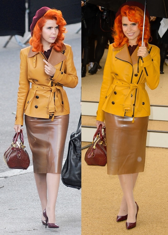 Paloma Faith stood out in her golden trench coat paired with a tan rubber skirt at the Burberry Prorsum SS14 show