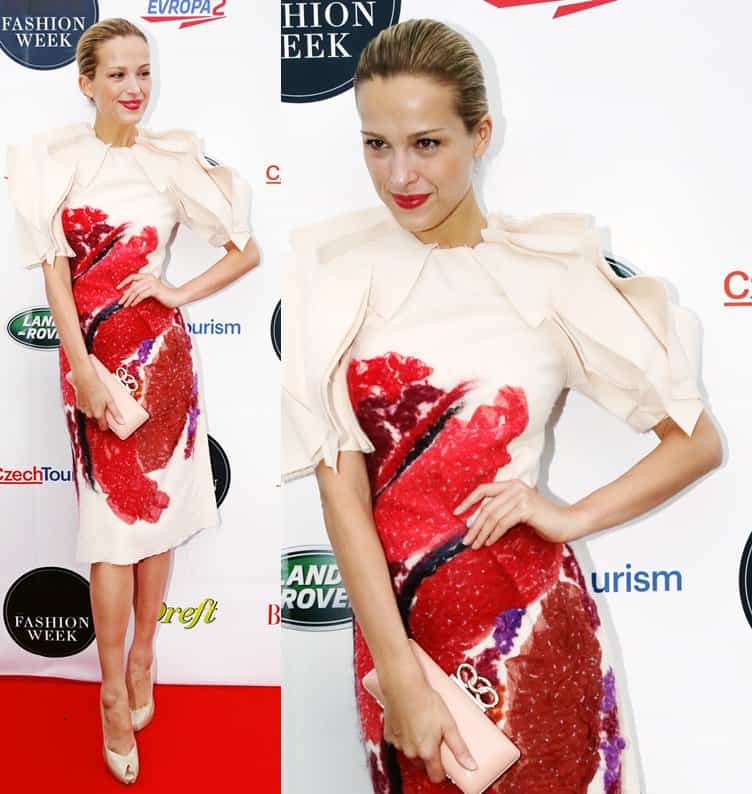 Petra Němcová stuns in a dress from the Bottega Veneta Fall 2013 collection at Prague Fashion Week
