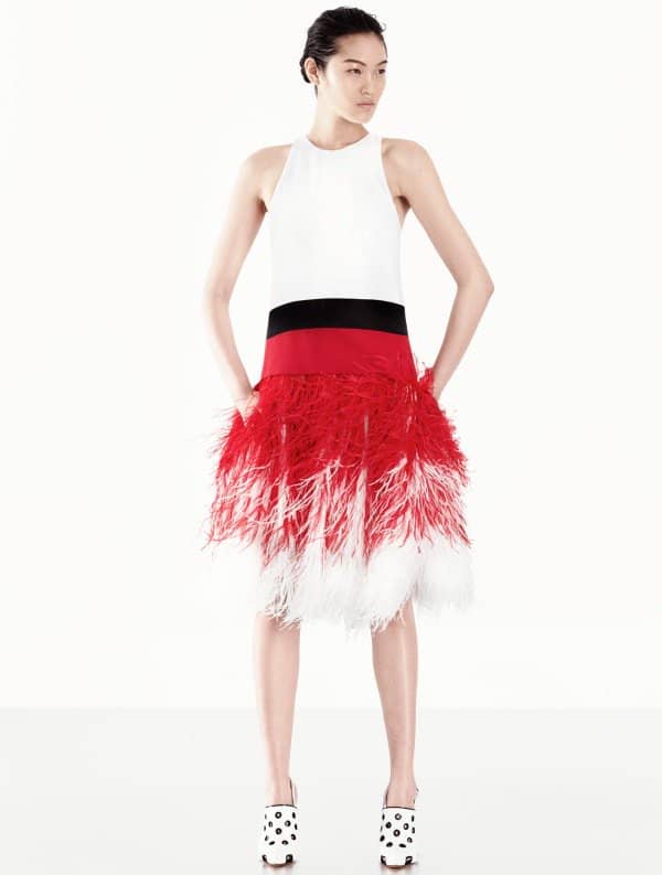 The stunning Prabal Gurung Resort 2014 dress worn by Cate Blanchett at Milan Fashion Week, featuring a polished halter-neck bodice and a fluffy ostrich-feather skirt