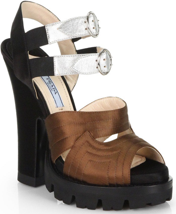 Prada Brown Raso Bi-color Satin Leather Sandals