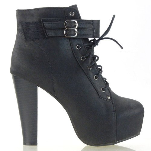 Punk Black Buckle Lace-Up Hidden Platform Ankle Boots