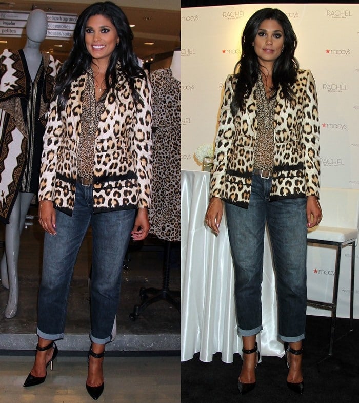 Rachel Roy wisely mixed simple and bold pieces by wearing two different leopard prints with folded-up denims and a pair of ankle-strap d’Orsay pumps