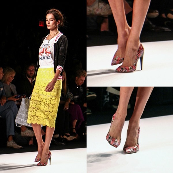 Pretty yellow lace pencil skirt with gorgeous heels