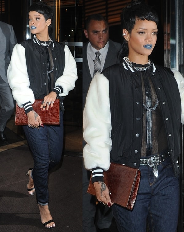 Rihanna makes a bold statement with bright blue lips outside her London hotel, September 10, 2013