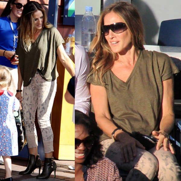 Sarah Jessica Parker star was all-smiles as she watched the match while basking in the warm sunshine, looking casual in a loose-shirt-and-jeans ensemble