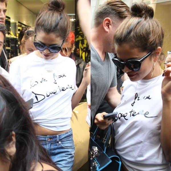 Selena Gomez with a tight-lipped smile after shopping in Milan