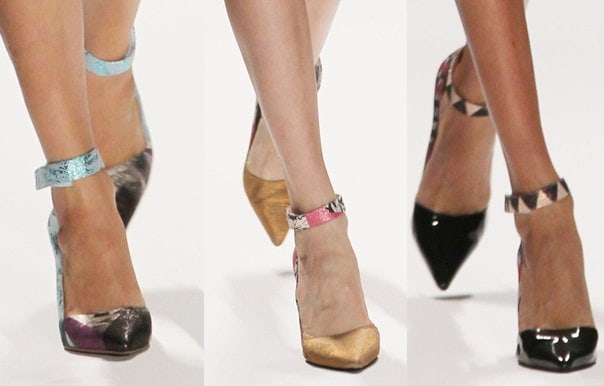 Custo Barcelona sticking to the basic pointy ankle-strap pumps for Spring 2014 but infusing them with color and texture 