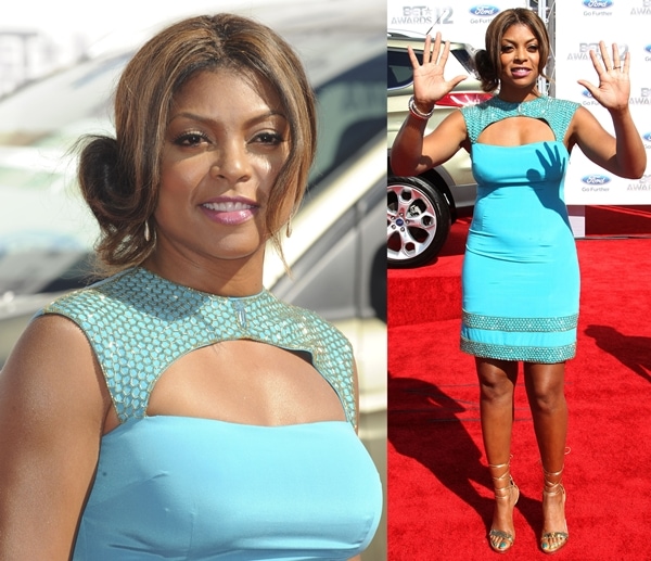 Taraji P. Henson in Zaeem Jamal Aqua cutout dress and strappy stiletto sandals