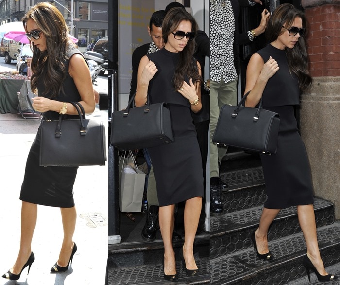 Victoria Beckham wearing a sleeveless top and a pencil skirt from her own line with Giuseppe Zanotti pumps