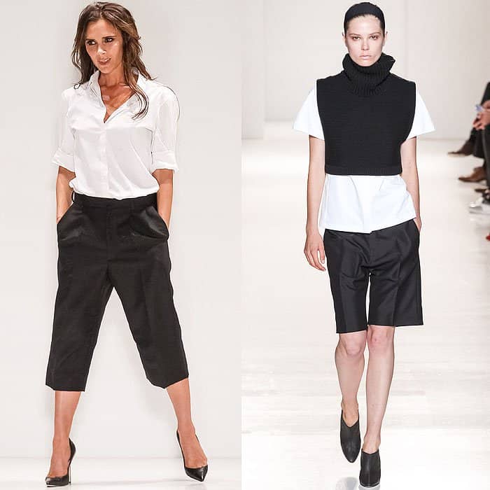 Victoria Beckham and a runway look from her spring 2014 collection presented during the Mercedes-Benz New York Fashion Week