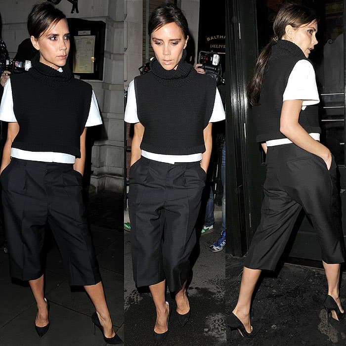 Victoria Beckham was seen looking sophisticated in a chunky-knit cotton turtleneck sweater paired with cropped wool wide-leg pants from her own fashion label, showcasing her ability to design clothes that are both stylish and comfortable