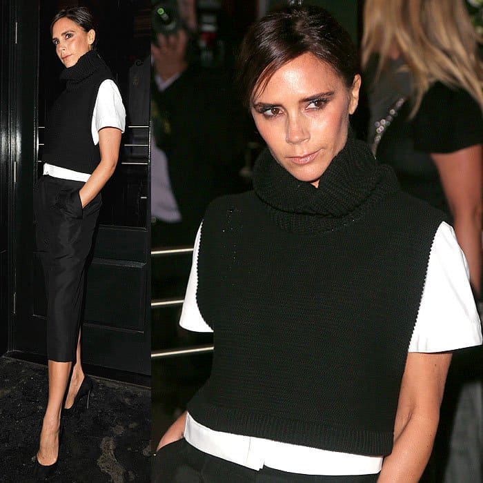 Victoria Beckham posing for cameras before heading to the Vogue dinner at Balthazar in Covent Garden in London