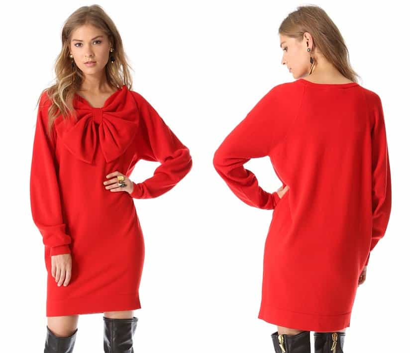 A vibrant red wool sweater dress with a distinctly feminine edge
