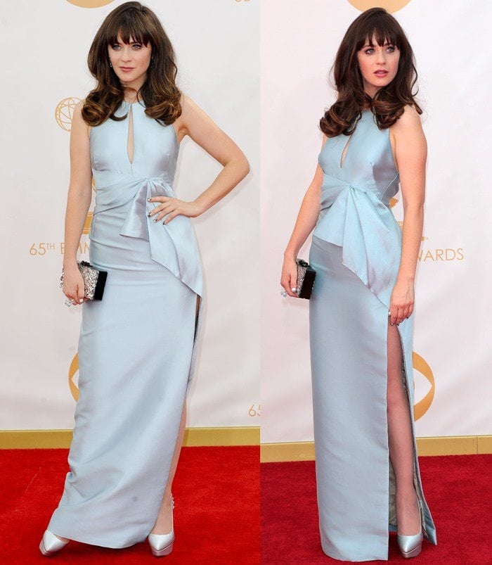 Zooey Deschanel wears a monochromatic outfit at the 2013 Emmy Awards