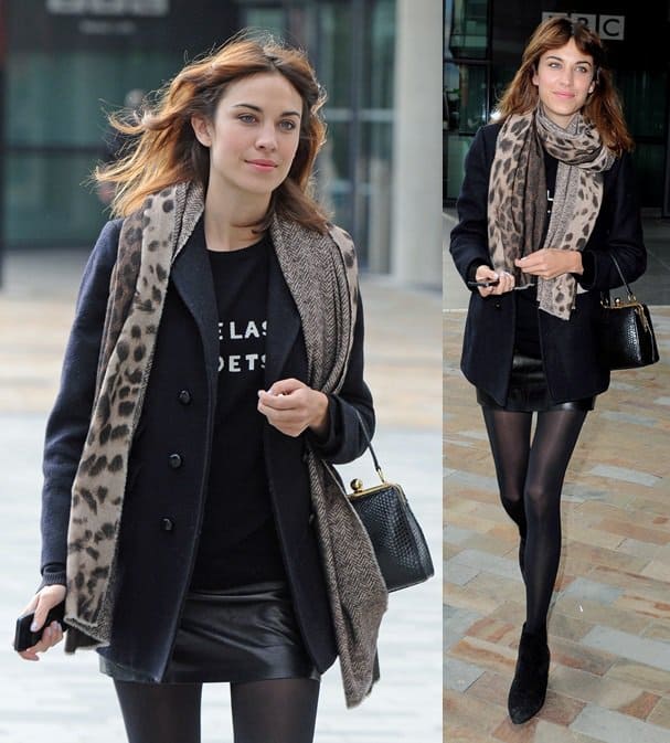 Alexa Chung spotted leaving BBC Breakfast Studios in a chic leopard print scarf, Manchester, September 9, 2013