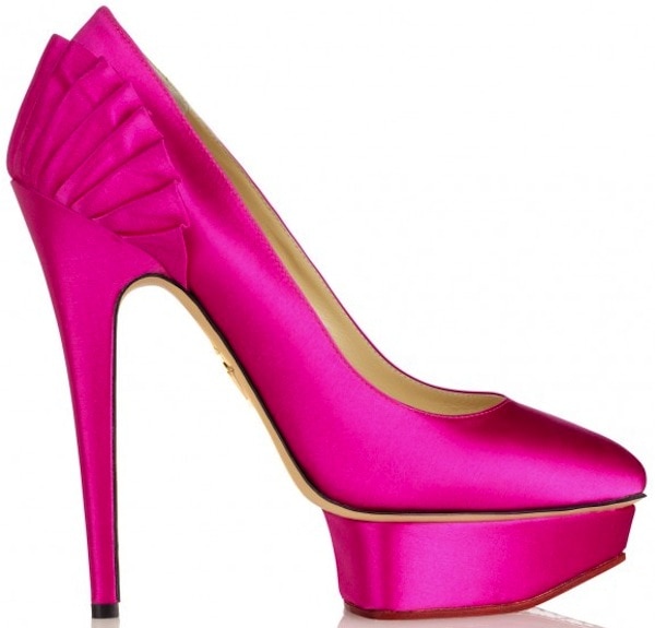 Charlotte Olympia "Paloma" Satin Platform Pumps in Fuchsia