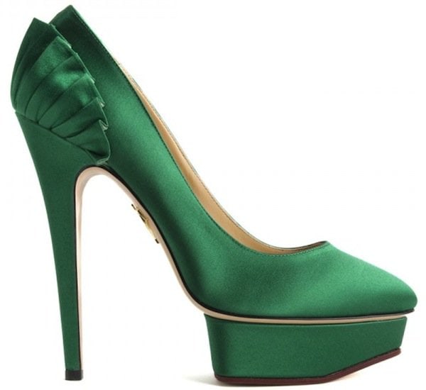 Charlotte Olympia "Paloma" Satin Platform Pumps in Green