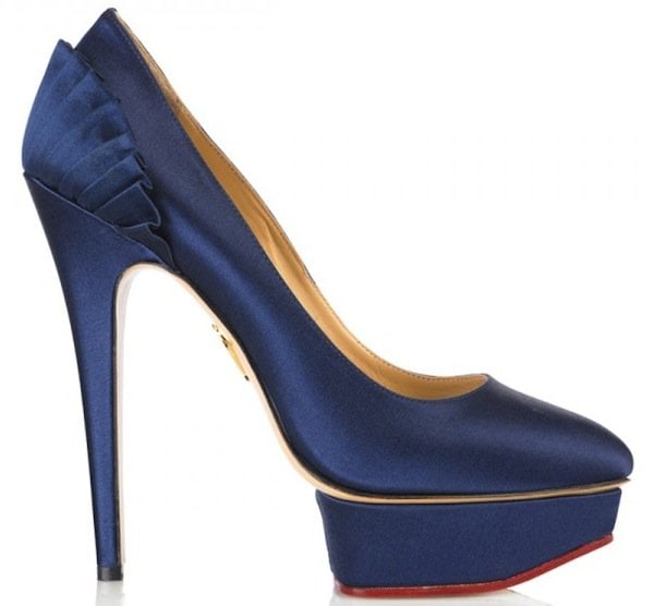 Charlotte Olympia "Paloma" Satin Platform Pumps in Navy