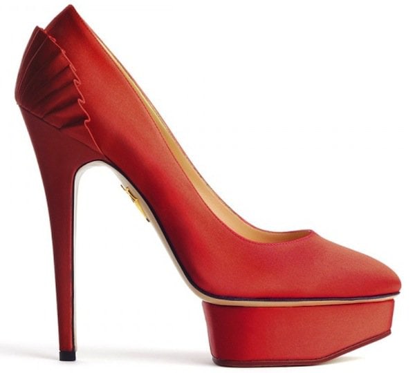 Charlotte Olympia "Paloma" Satin Platform Pumps in Red