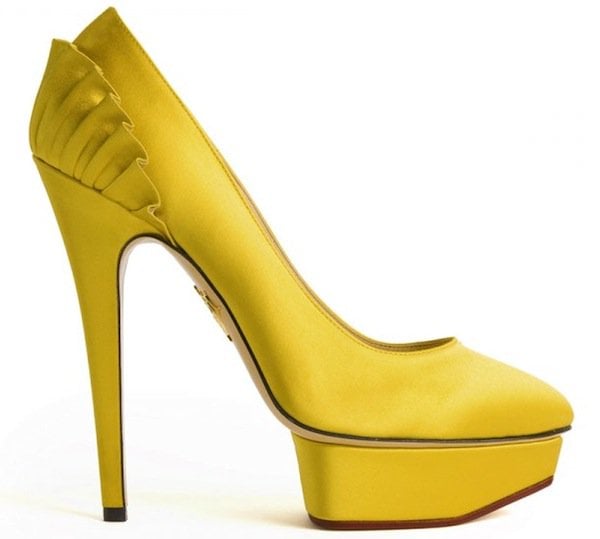 Charlotte Olympia "Paloma" Satin Platform Pumps in Yellow