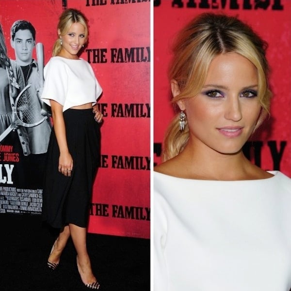 Dianna Agron looking chic and classy in an outfit from the Osman Fall 2013 collection and Christian Louboutin patent pumps at the premiere of The Family