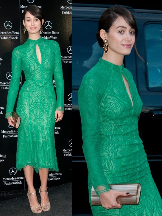 Emmy Rossum wearing Jimmy Choo with her beautiful green dress as she heads to the Monique Lhuillier presentation during New York Fashion Week in New York City