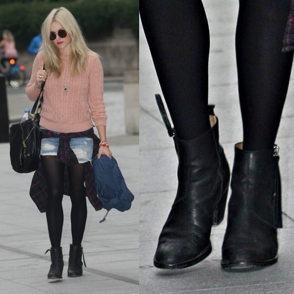 Fearne Cotton looking effortlessly cool in a pale pink sweater, frayed denim shorts, and black boots as she heads over to the BBC Radio 1 studios in London, United Kingdom, on September 23, 2013