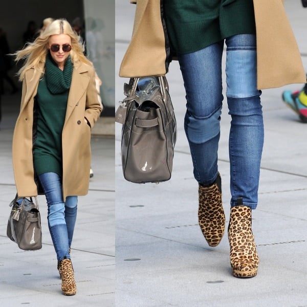 Fearne Cotton, in a camel-colored coat over a dark green sweater and skinny jeans, leaving the BBC Radio 1 studios in London, United Kingdom, on September 18, 2013