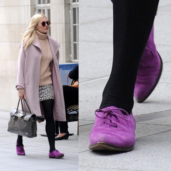 Fearne Cotton arriving at the BBC Radio 1 studios in a Marks & Spencer coat, a Stefanel sweater, a leopard-print skirt, and purple lace-up shoes in London, United Kingdom, on September 19, 2013