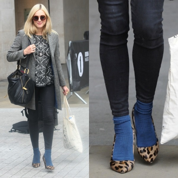 Fearne Cotton looking cheery in a gray ensemble and leopard-print heels with blue socks in London, United Kingdom, on September 25, 2013