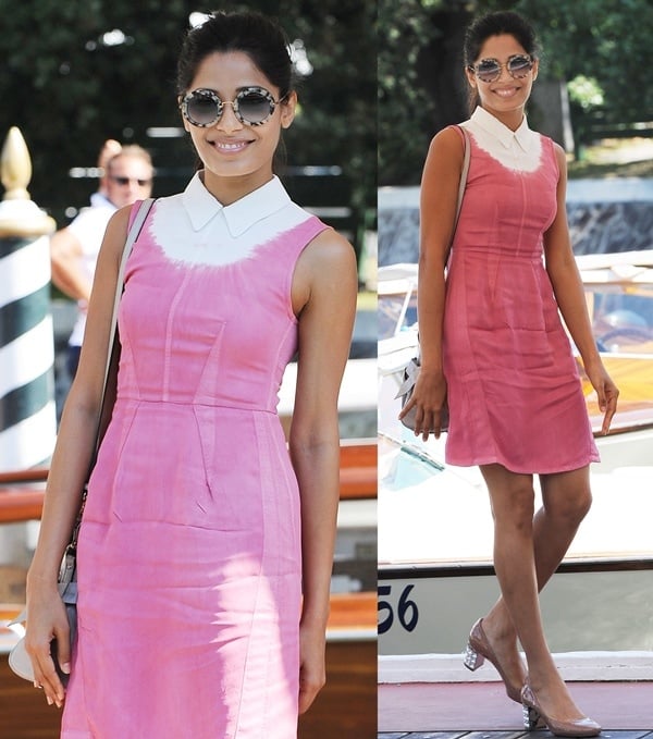 Freida Pinto wearing round sunnies at the Miu Miu "Women's Tales" press conference in Venice, Italy, on August 31, 2013
